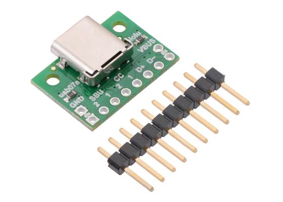 USB 2.0 Type-C Connector Breakout Board (usb07a) with included optional header pins.