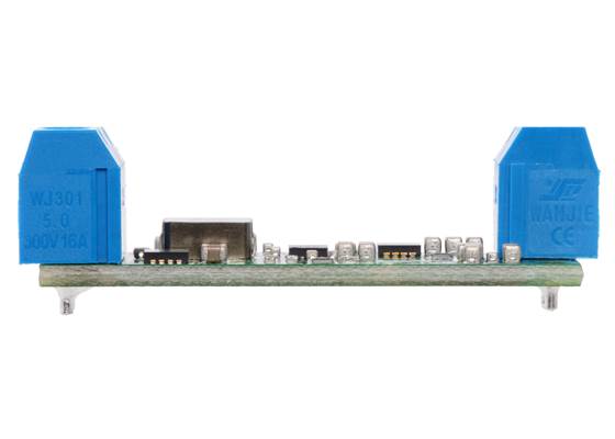 Step-Up Voltage Regulator U3V70Fx with included terminal blocks installed, side view.