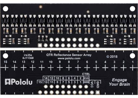 QTR-HD-15RC Reflectance Sensor Array, front and back views.