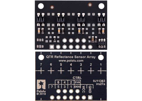 QTR-MD-04RC Reflectance Sensor Array, front and back views.