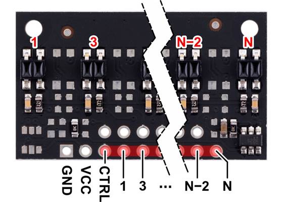 Pinout diagram of a QTR-MD-xRC Reflectance Sensor Array.