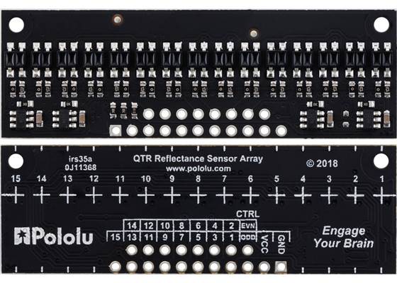 QTR-HD-15A Reflectance Sensor Array, front and back views.