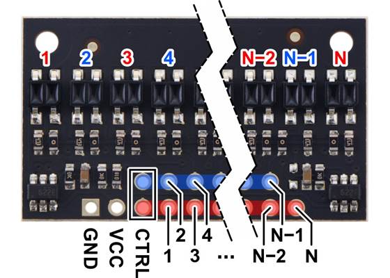 Pinout diagram of a QTR-HD-xA Reflectance Sensor Array.