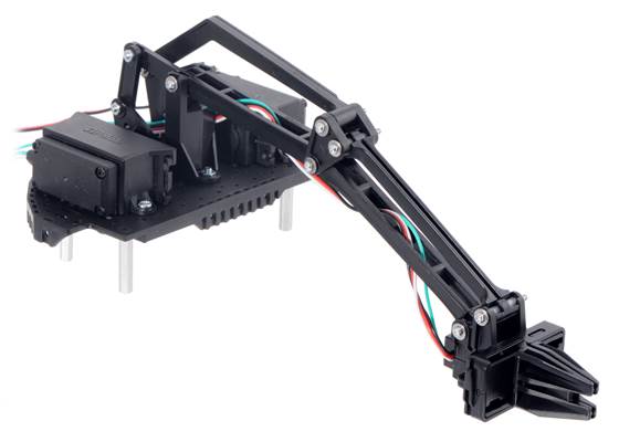 Fully assembled Robot Arm for Romi with horizontal gripper orientation.