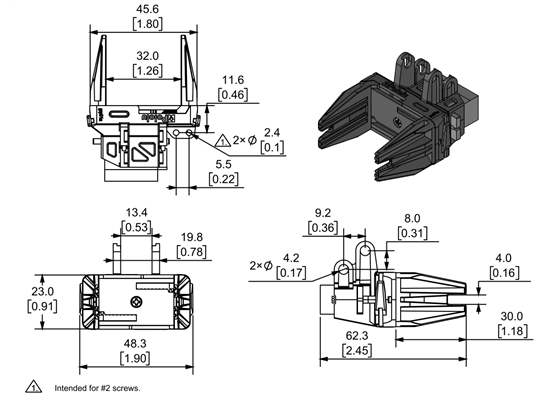 Dimension diagram of the Micro Gripper with Position Feedback Servo. Units are mm over [inches].