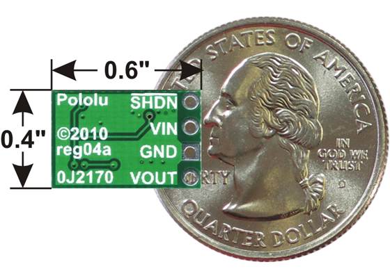 Pololu step-down voltage regulator D36V6Ax/D24V6Ax/D24V3Ax, bottom view with dimensions.