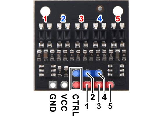 Pinout diagram of the QTR-HD-05RA Reflectance Sensor Array.