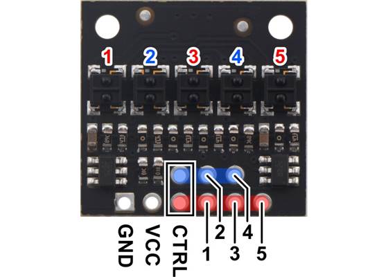 Pinout diagram of the QTRX-HD-05A Reflectance Sensor Array.