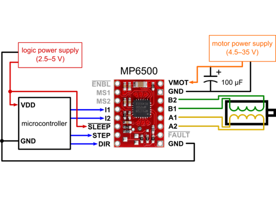Basic wiring diagram for connecting a microcontroller to an MP6500 Stepper Motor Driver Carrier, Digital Current Control  (full-step mode).