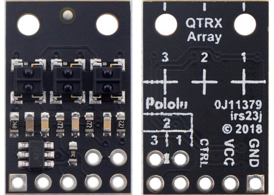 QTRX-HD-03RC Reflectance Sensor Array, front and back views.