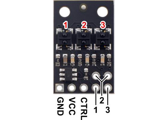 Pinout diagram of the QTRX-HD-03RC Reflectance Sensor Array.