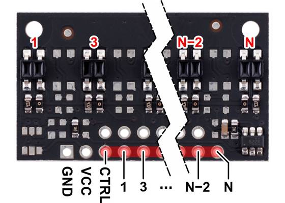Pinout diagram of a QTR-MD-xA Reflectance Sensor Array.