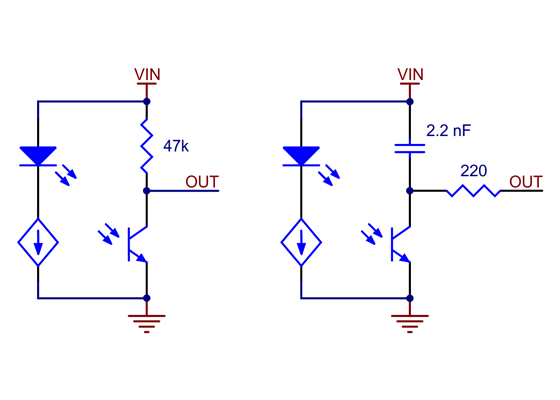 Schematic diagrams of individual QTR sensor channels for A version (left) and RC version (right).  This applies only to the newer QTRs with dimmable emitters.
