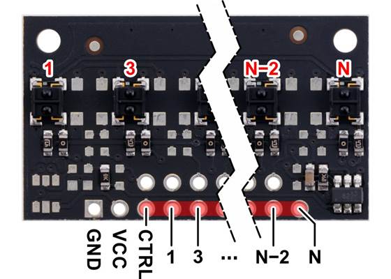 Pinout diagram of a QTRX-MD-xA Reflectance Sensor Array.