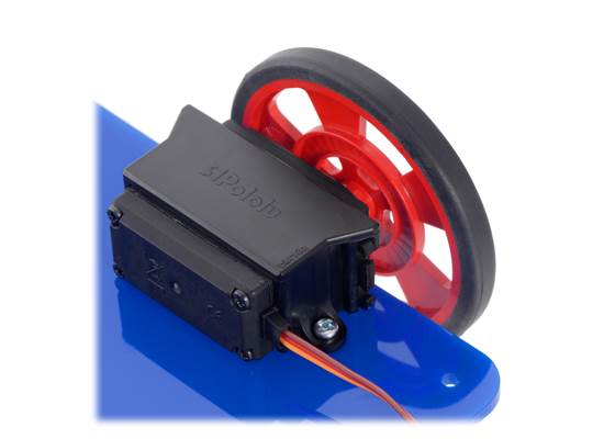 Rear view of Power HD Continuous Rotation Servo AR-3606HB and Solarbotics red servo wheel with Mounting Bracket for Standard-Size Servos.