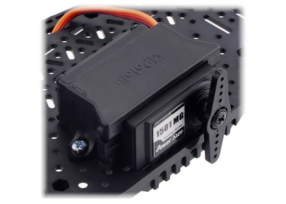Power HD 1501MG servo mounted to a Romi Chassis Expansion Plate with a Mounting Bracket for Standard-Size Servos.