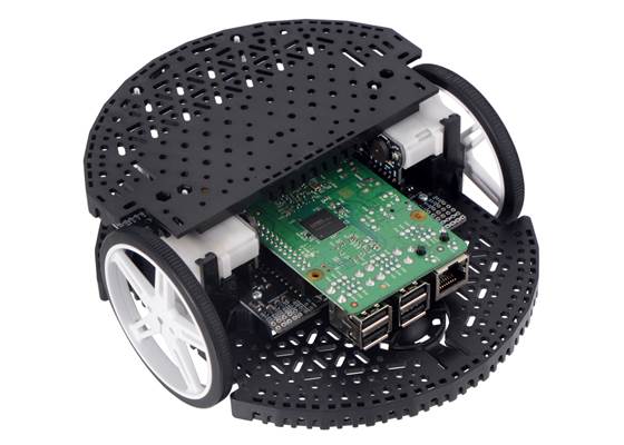 Romi Chassis Expansion Plate mounted on a Romi with a Romi 32U4 Control Board and Raspberry Pi.