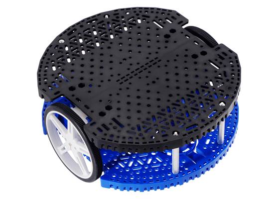 Two linked Romi Chassis Expansion Plates mounted on a blue Romi chassis using four 1-1/2″ length, 2-56 thread, M-F aluminum standoffs.