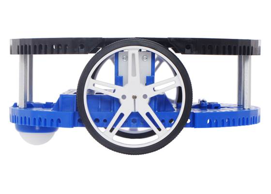 Side view of two linked Romi Chassis Expansion Plates mounted on a blue Romi chassis.