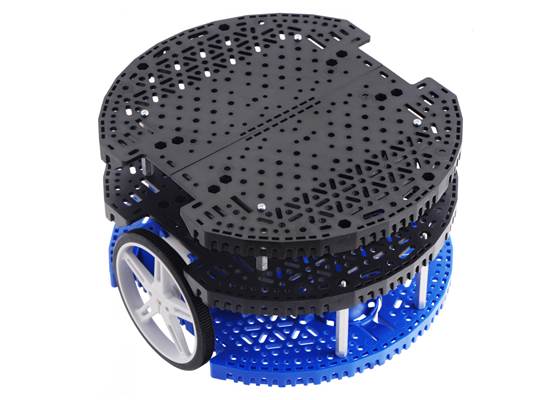 Four linked Romi Chassis Expansion Plates (two pairs) mounted on a blue Romi chassis using aluminum standoffs.