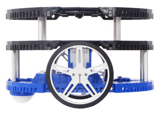 Side view of four linked Romi Chassis Expansion Plates (two pairs) mounted on a blue Romi chassis using aluminum standoffs.