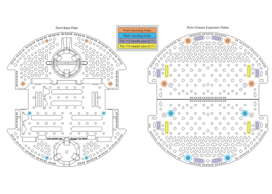 Diagram of the mounting locations and wire pass-through locations on the Romi Chassis Expansion Plate.