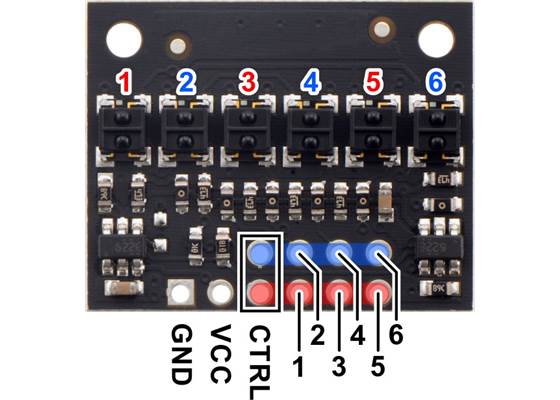 Pinout diagram of the QTRX-HD-06A Reflectance Sensor Array.
