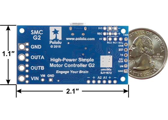 High-Power Simple Motor Controller G2 18v15 or 24v12, bottom view with dimensions.