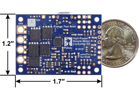 High-Power Simple Motor Controller G2 18v25, bottom view with dimensions.