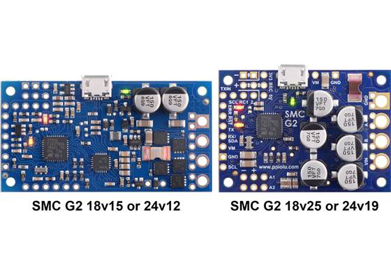 Side-by-side comparison of the different G2 Simple Motor Controllers.