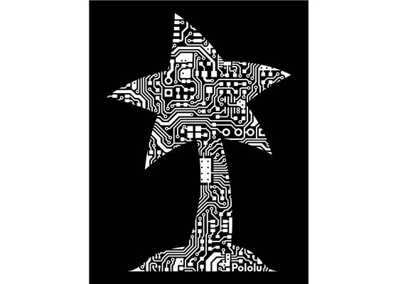 Image on the front of the black Pololu circuit logo T-shirt.