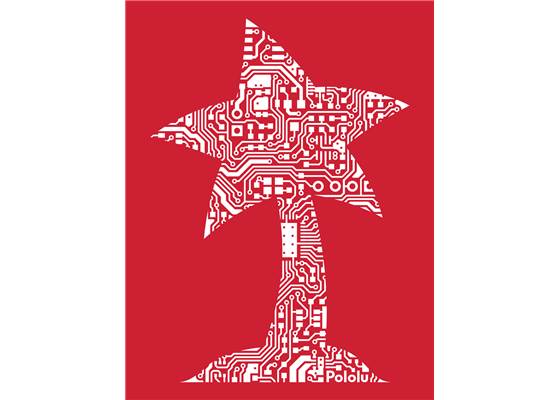 Image on the front of the cardinal red Pololu circuit logo T-shirt.