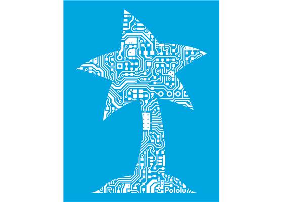 Image on the front of the sapphire blue Pololu circuit logo T-shirt.