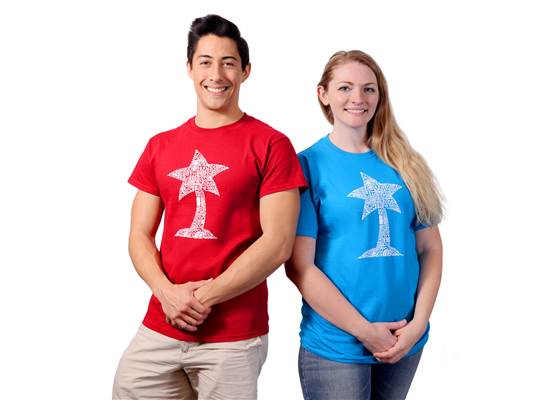 Red and sapphire blue Pololu circuit logo T-shirts.