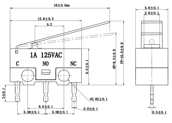 Dimensions (in mm) of mini snap-action switch with 13.5mm lever.