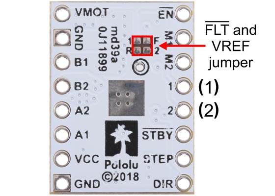 Jumpers for FLT and VREF pins on the STSPIN220 low-voltage stepper driver carrier.