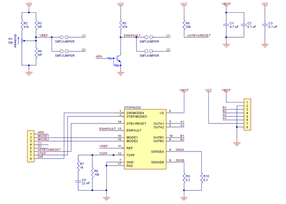 Schematic diagram of the STSPIN220 Low-Voltage Stepper Motor Driver Carrier.