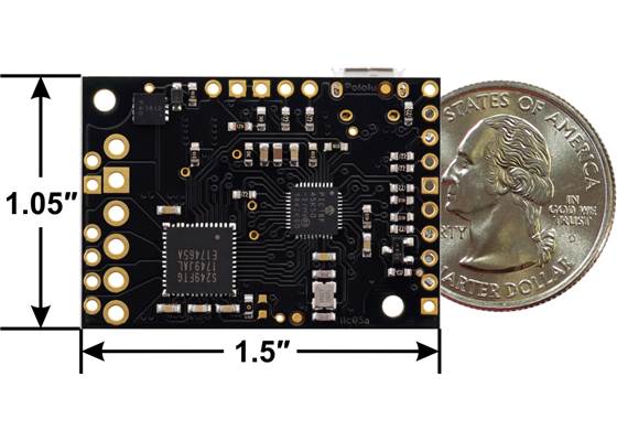 Tic T249 USB Multi-Interface Stepper Motor Controller, bottom view with dimensions.