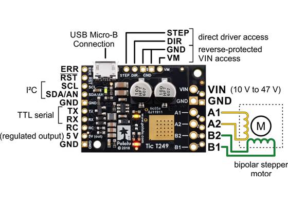 Basic pinout diagram of the Tic T249 USB Multi-Interface Stepper Motor Controller.