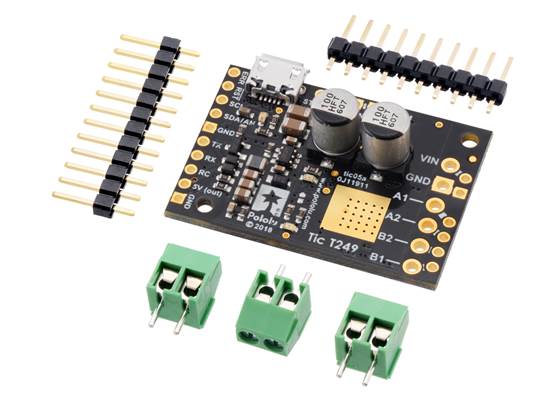 Tic T249 USB Multi-Interface Stepper Motor Controller (without connectors soldered) with included headers and terminal blocks.