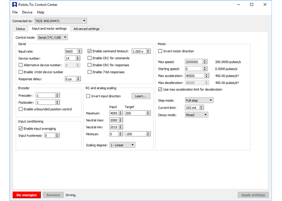 The Input and Motor Settings tab of the Pololu Tic Control Center.