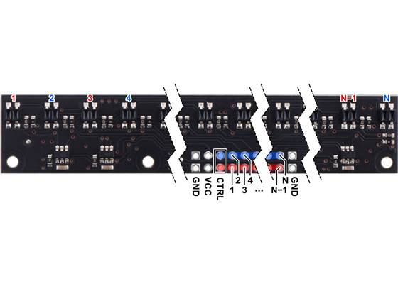 Pinout diagram of a QTR-MD-xA Reflectance Sensor Array (larger MD boards with odd/even control).