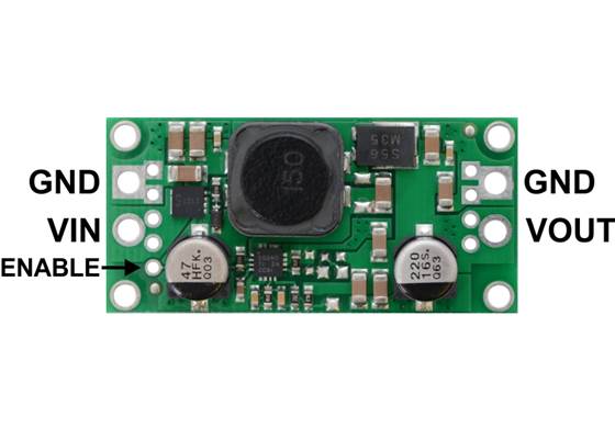 Pololu fixed step-up/step-down voltage regulator S18V20Fx, labeled top view.