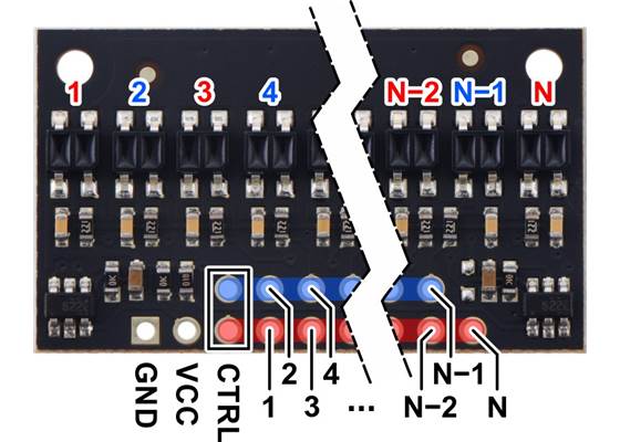 Pinout diagram of a QTR-HD-xRC Reflectance Sensor Array.