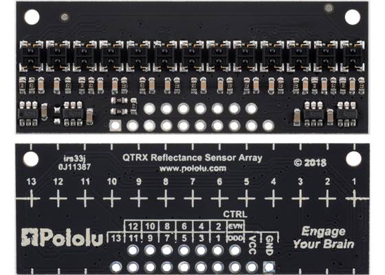 QTRX-HD-13RC Reflectance Sensor Array, front and back views.