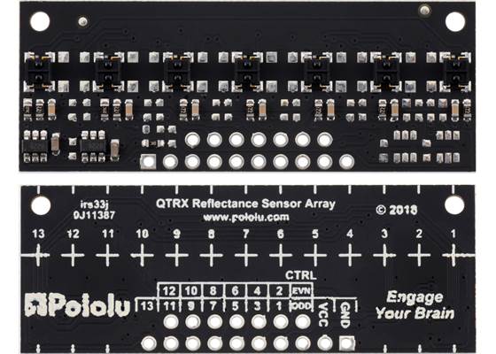 QTRX-MD-07RC Reflectance Sensor Array, front and back views.