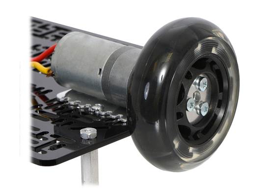 A 25D&nbsp;mm gearmotor connected to a scooter wheel by the 4&nbsp;mm scooter wheel adapter.