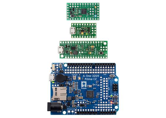 From top to bottom: A-Star 32U4 Micro, Mini&nbsp;SV, and Prime&nbsp;LV.