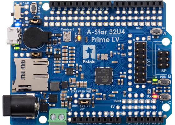 A-Star 32U4 Prime LV microSD with LCD (shown with LCD removed). (1)