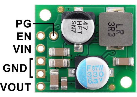 Step-Down Voltage Regulator D36V28Fx, top view with labels.